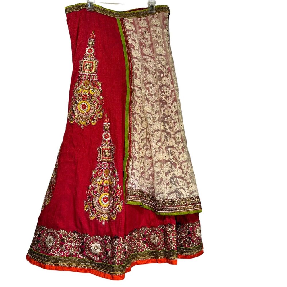 Lehenga India Traditional Floral Embroidered Lace Boho Long Maxi Pleated Skirt